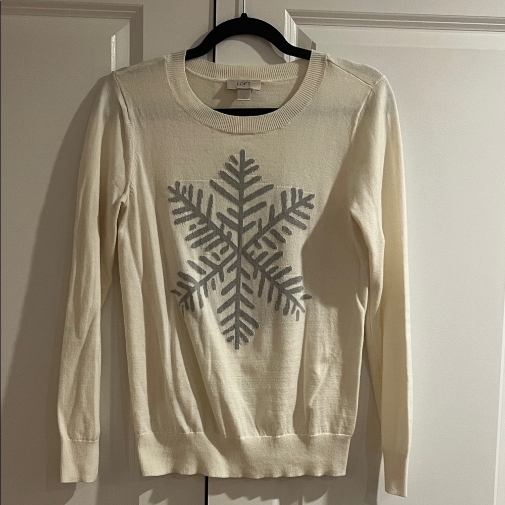 LOFT white Sweater with Gray Snowflake Design